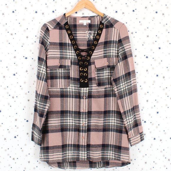 Mauve Navy Lace Up Front Plaid Top - Picture 7 of 9